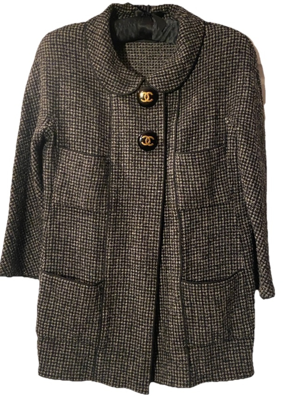 CHANEL Boutique Black & White Knit Boucle Long Jacket 4 Pockets VTG Sz M?